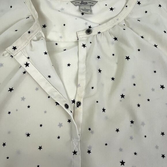 GH Bass Cream Navy Blue Star Print LS Career Top Covered Snapfront July 4th L - Picture 4 of 9